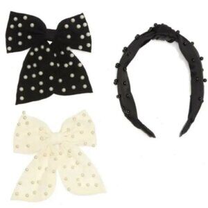 Noir 3-Piece Pearl Headband & Bow Hair Clip Set – Black & Cream – NWT